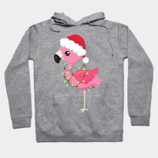 Christmas Flamingo, Santa Hat, Christmas Lights Hoodie